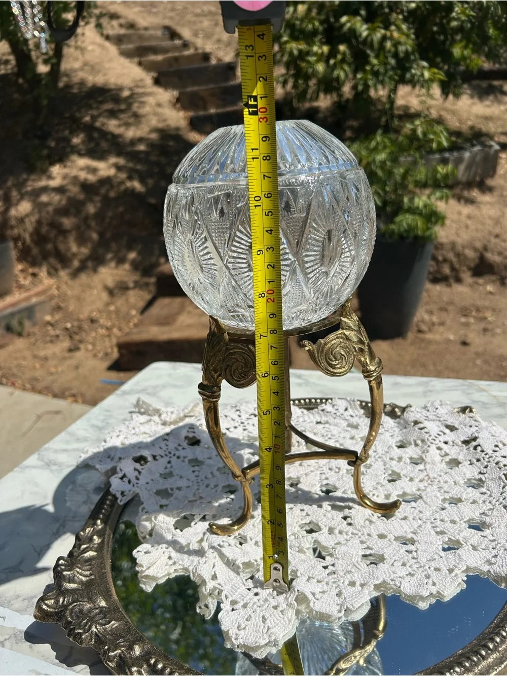 Brass Tripod Stand with Cut Crystal Globe - Clear